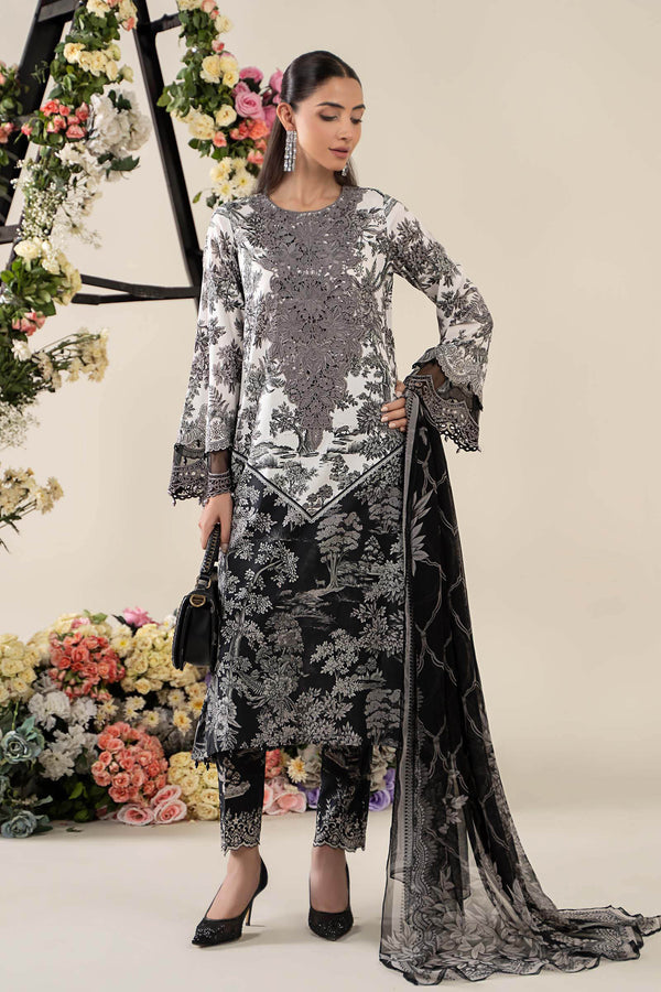 Elegant White & Black 3PC Unstitched Lawn Suit